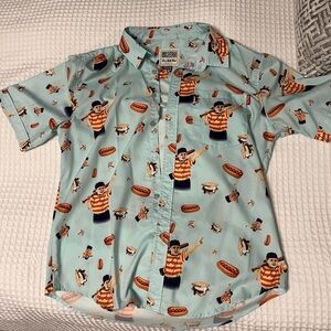 RSVLTS t-shirt button down w/ hot dogs, s’mores, baseball & boy bat size medium